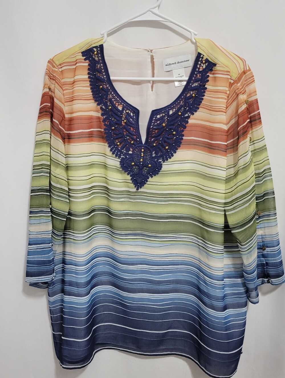 Alfred Dunner Blue Green Multi-Striped  Top with Navy Crochet V-Neck, Size 14